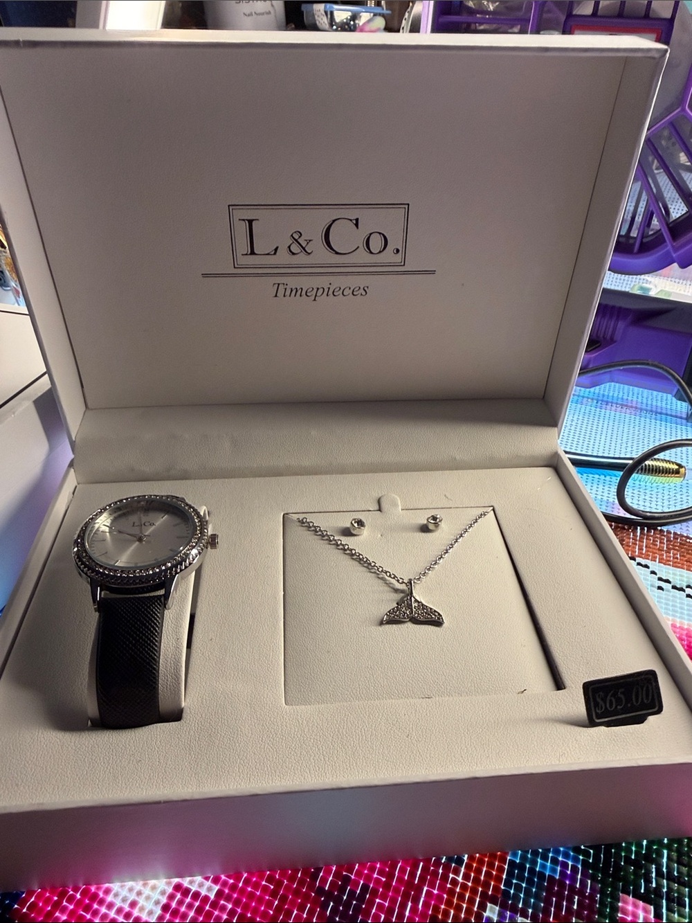 Silver-Tone Watch and Necklace Set with Black Strap